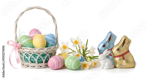 Easter decorations with colorful eggs and bunnies on white background