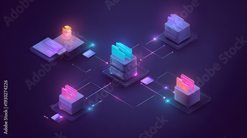 An abstract depiction of a futuristic network, rendered in vibrant neon colors, symbolizes the interconnectedness of data and technology.