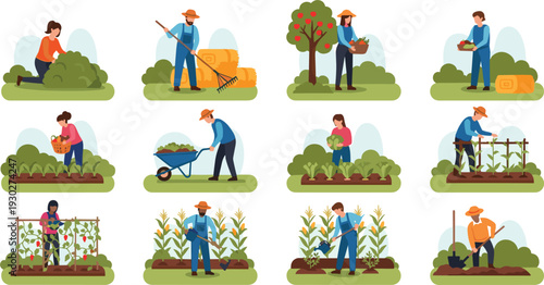 Gardening and Farming Activities Collection with Planting Harvesting Watering and Cultivating Flat Vector Illustration Set