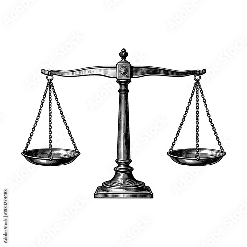 Antique scales of justice etching illustration for vintage legal law concept
