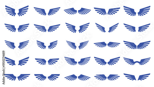Collection of stylized blue bird wings in various artistic designs, isolated on a white background for graphic elements