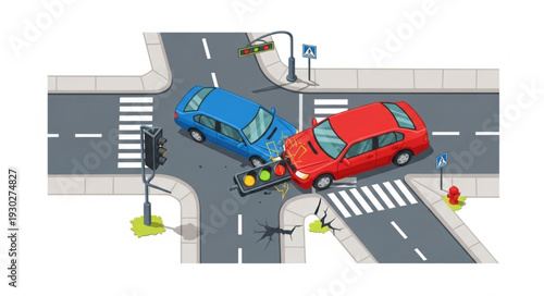 Car Accident at Crossroads Illustration.