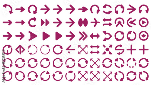 Collection of various arrow shapes and pointers in a consistent purple hue, presented against a clean white background