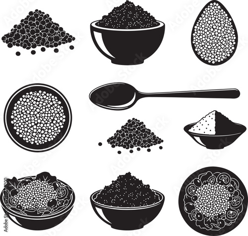 Black Poppy Seeds Vector Illustration Set for Cooking and Food Design