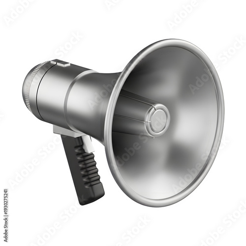 Silver metal megaphone loudspeaker announcing speech isolated on transparent background