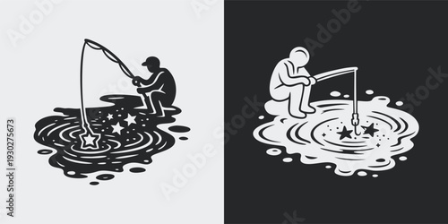 Dreamer Fishing Stars From Water Whimsical Metaphor Illustration