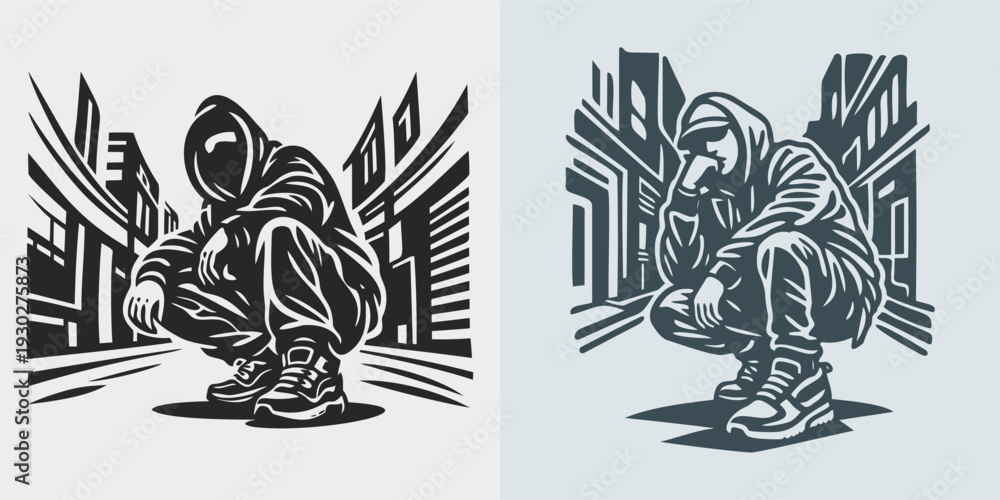Fototapeta premium Reflective Hooded Figure Squatting Urban Environment Artwork