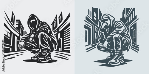 Reflective Hooded Figure Squatting Urban Environment Artwork