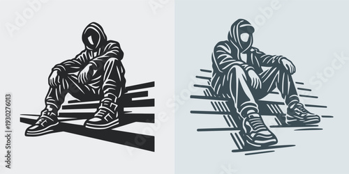 Urban Youth Sitting on Steps Monochrome Street Scene