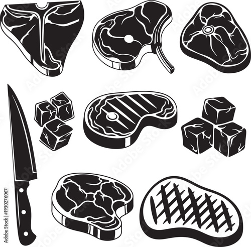 Black and White Steak and Meat Cuts Illustration