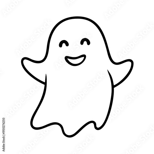 Clean outline doodle cartoon line art style showing happy ghost icon with cheerful smile and open arms. This friendly happy ghost icon delivers playful spooky charm.