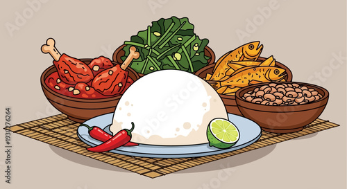 A Delicious and Colorful Southeast Asian Meal Featuring Rice, Chicken, and Fried Fish