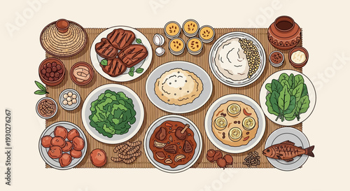 A Delicious Indian Feast Displayed from a High Angle View, Showcasing a Variety of Traditional Dishes and Ingredients