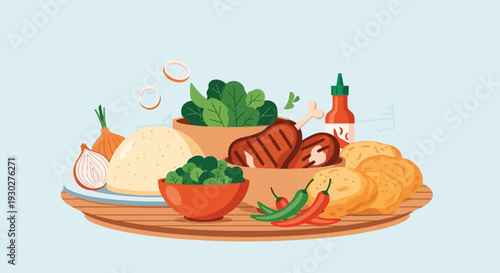 A delicious spread of hearty food items, including grilled meat, vegetables, and bread, presented on a wooden platter