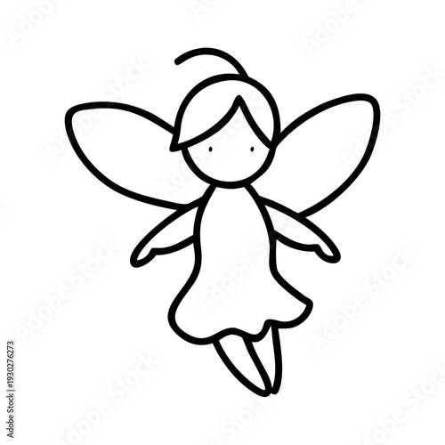 Little fairy icon in clean outline doodle style, showing a charming winged character. Simple little fairy icon design provides whimsical appeal for children's projects, adding an enchanting touch.