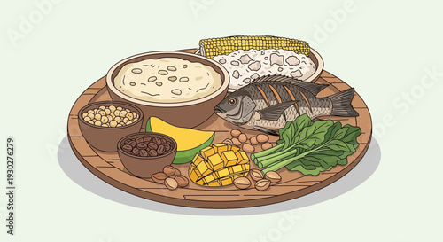 A beautifully illustrated plate of delicious and nutritious Filipino food featuring fish, rice, vegetables, fruits, and beans