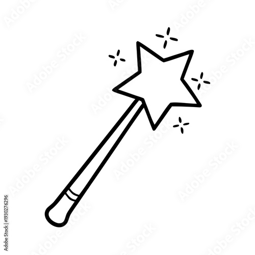 Simple magic wand icon with sparkling star. Hand drawn magic wand doodle features wonder, enchantment for children stories. Clean outline magic wand concept for graphic resources, creative projects.