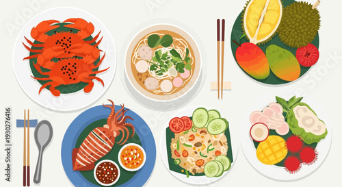 A vibrant assortment of delicious seafood and exotic fruits arranged beautifully on plates, showcasing a colorful culinary spread