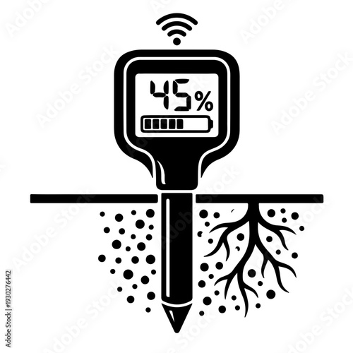 Black and white vector icon showing a digital sensor probe inserted into the soil near plant roots. Ideal for smart irrigation, soil health monitoring, and agricultural technology concepts
