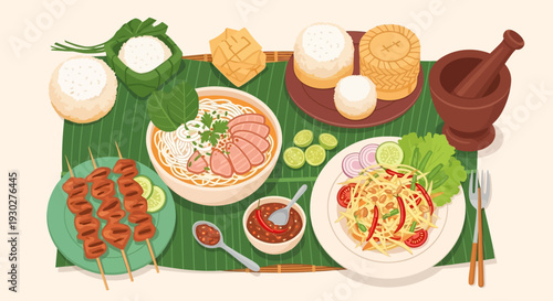 A Delicious and Colorful Spread of Southeast Asian Cuisine Featuring Grilled Skewers, Noodle Soup, and Papaya Salad