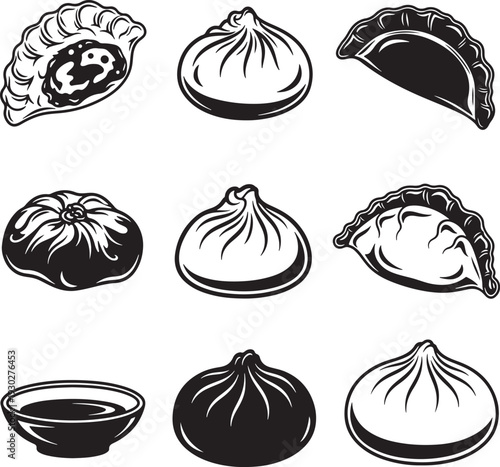 Black and White Illustration of Various Dumplings and Bowl