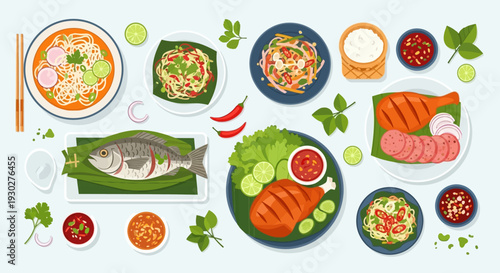 A vibrant overhead view of a diverse and colorful spread of delicious Asian cuisine, featuring various dishes and accompaniments arranged artfully on a light background