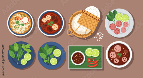 An Overhead View of a Collection of Delicious Asian Food Dishes, Including Noodles, Stews, and Rice
