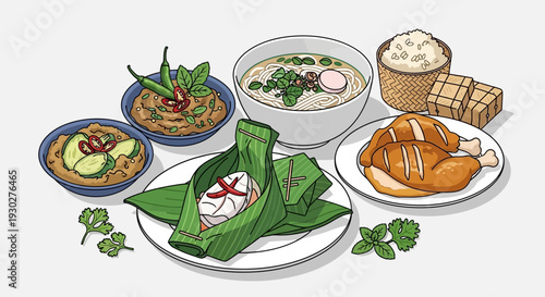 A Colorful Assortment of Southeast Asian Cuisine Featuring Fresh Ingredients and Traditional Dishes