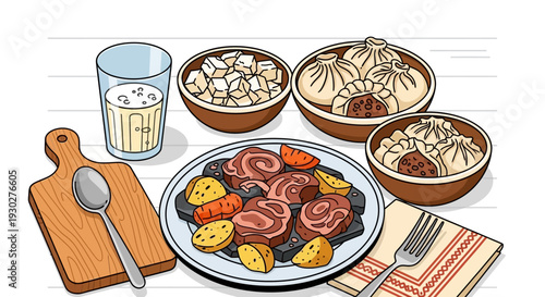 A delicious meal featuring roast beef, vegetables, dumplings, and a glass of milk, presented on a table with a cutting board and napkin