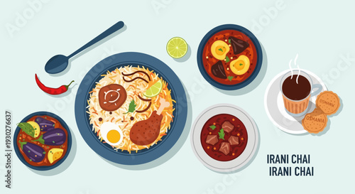 Delicious Iranian Cuisine Assortment Featuring Savory Biryani, Stews, and Traditional Chai