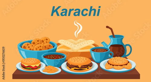 Karachi food scene represented by a vibrant collection of delicious Pakistani dishes and street food, showcasing local cuisine