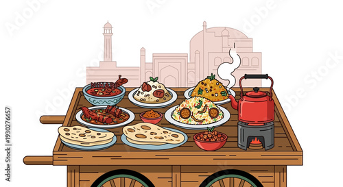 A diverse selection of traditional Indian cuisine and food displayed on a wooden cart, with a steaming tea kettle and a mosque in the background, suggesting street food and cultural dining experiences