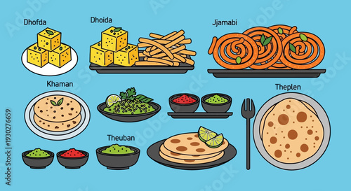 Collection of various Indian snacks and appetizers with dips and accompaniments, presented in a visually appealing layout