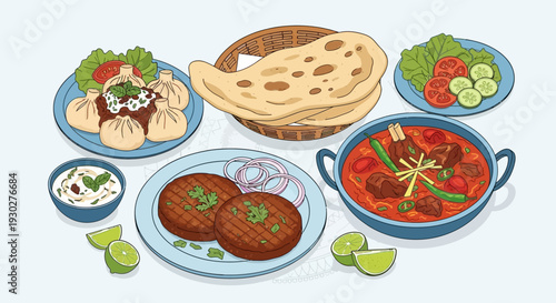 A vibrant and delicious spread of traditional Indian cuisine featuring curries, kebabs, naan, and fresh garnishes