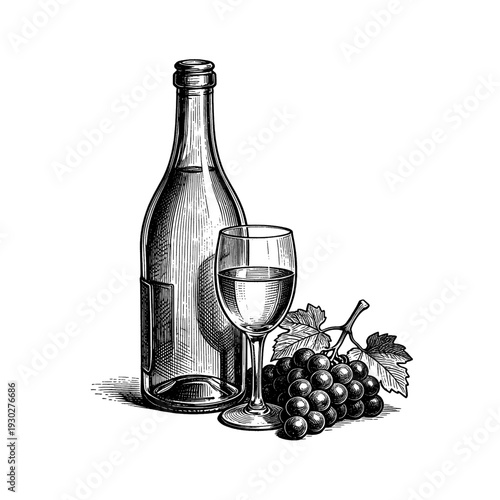 Antique wine bottle and grapes etching illustration for vintage winery menu concept