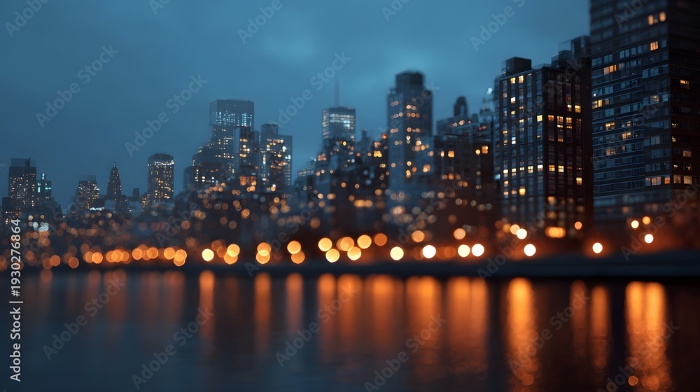 Obraz premium Softly blurred city skyline at night with warm glowing lights reflecting in the dark water