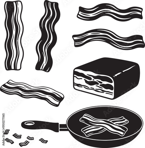 Black and White Bacon Illustration with Frying Pan and Slices