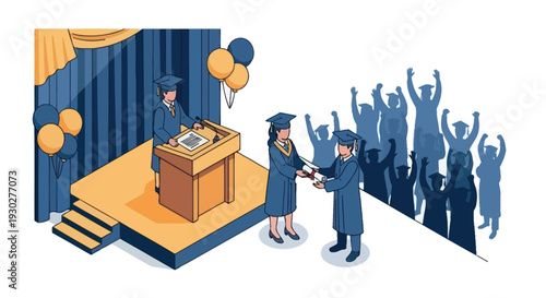Vector illustration of a graduation celebration scene with graduates on stage shaking hands, surrounded by cheering people and balloons.