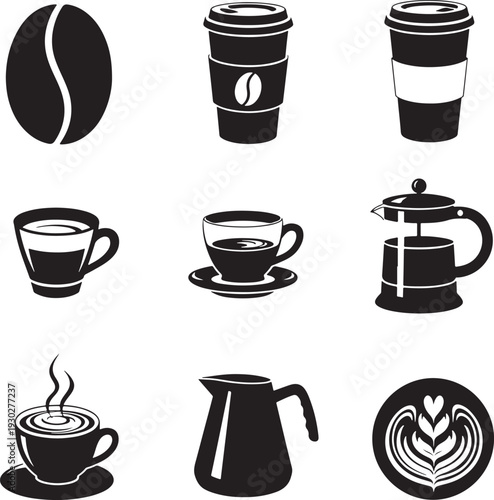 Black and White Coffee Icons Set with Cups and Beans