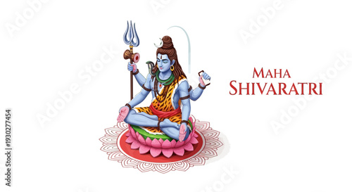 Illustration of Lord Shiva sitting in a meditative pose with a trident on a pink lotus flower, surrounded by Hindu mythology elements, conveying a religious and cultural significance for