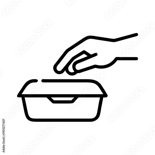 Minimalist food container icon, hand reaching for takeout lunch box, black line art vector illustration of disposable meal packaging
