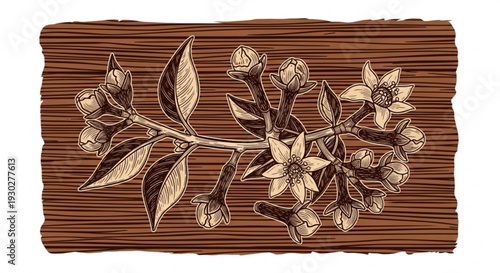 Brown wooden panel with beige flowers and leaves carving nature inspired decorative design element