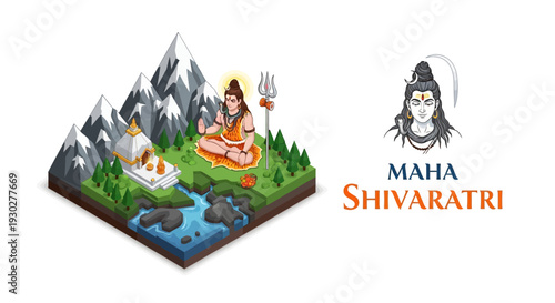 Illustration of Lord Shiva sitting in a meditative pose on a green landscape with mountains, river, and trident, surrounded by Hindu mythology elements, representing Maha Shivaratri