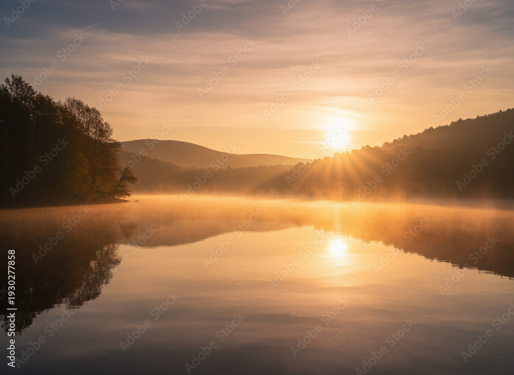 Obraz premium 山間の湖と夕日
