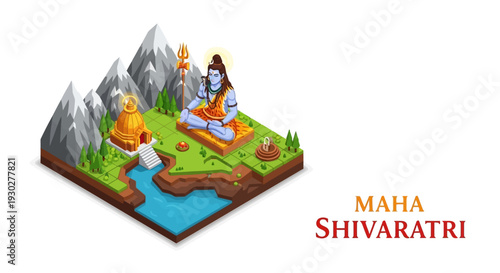 Illustration of Lord Shiva meditating in a serene landscape with mountains, river, and bull, surrounded by lush greenery, celebrating Maha Shivaratri, a significant Hindu festival.