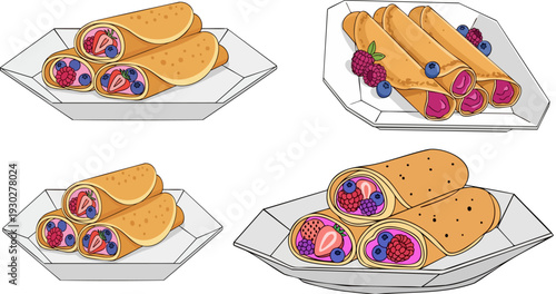 Set of 4 Crepes with Berries and Cream Vector