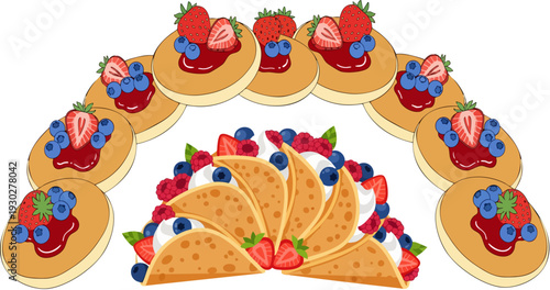 Vector illustration of pancakes and crepes with berries and cream