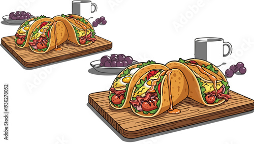 Set of 6 Breakfast Tacos with Coffee and Grapes Vector