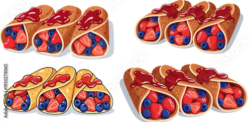 Set of 6 Berry Crepes with Syrup Vector Illustration