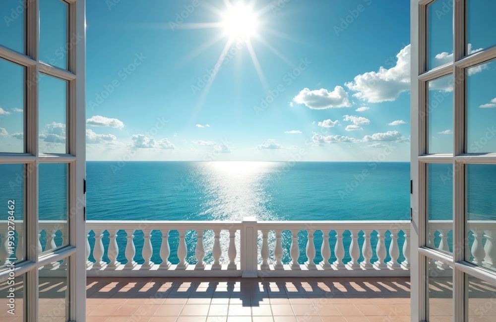 Obraz premium Open balcony doors reveal ocean view under bright sun. White balustrade overlooks blue sea and sky. Scenic vacation spot with clear weather and sunlight.